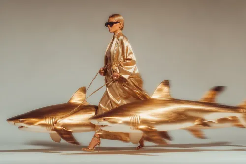Model in Golden Outfit Leading Plastic Sharks on Leash