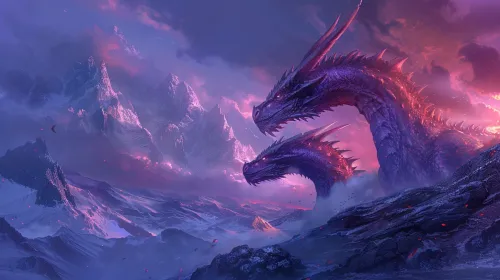 Dos majestuosos dragones con tonos morados frente a las montañas