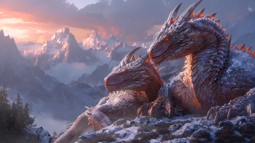 Dos majestuosos dragones descansan frente a montañas nevadas