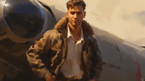 Young pilot in a leather jacket next to an airplane