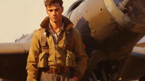Joven en chaqueta militar de pie junto a un avión