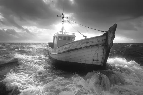 Abandoned fishing vessel in strong storm conditions at sea