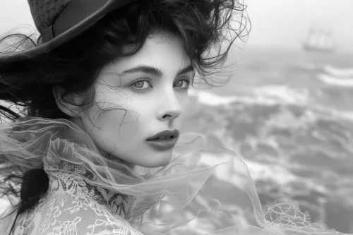 Black-and-white portrait of a young woman with a lace collar and hat