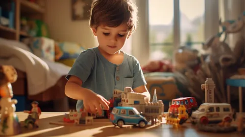 Habitación infantil, niño y variedad de coches de juguete