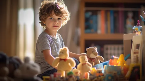 A little curly-haired boy surrounded by toys and soft teddy bears