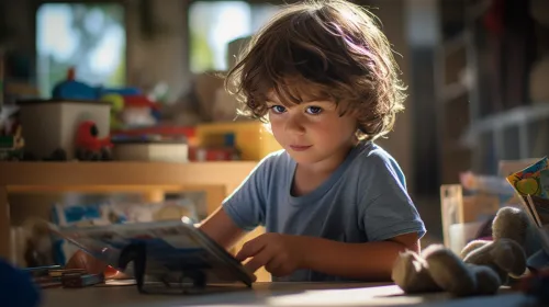 Pequeño niño estudia atentamente una tableta rodeado de juguetes