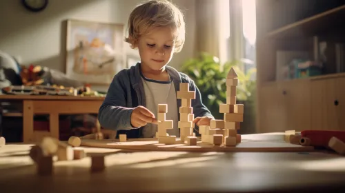 Un niño construye estructuras con bloques de madera en una acogedora habitación