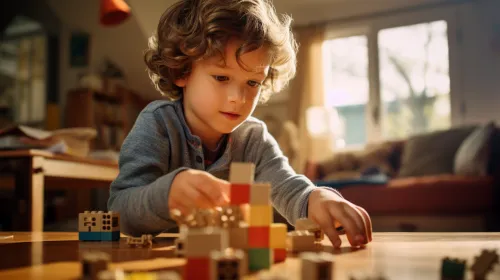 Un niño está construyendo una estructura con bloques de madera de colores en el suelo
