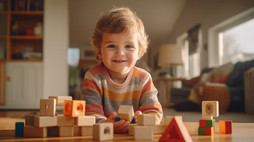 Children playing with colorful blocks in a cozy home setting