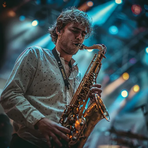 Joven saxofonista interpreta música en el escenario durante un concierto