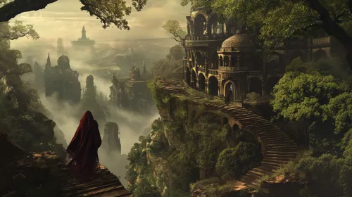 View of ancient ruins and a figure in a red cloak against a cloudy background