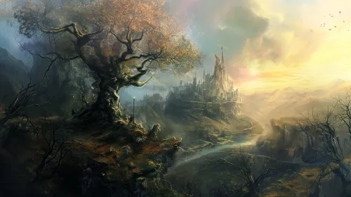 Image of a mysterious world with an ancient tree and a castle in the background