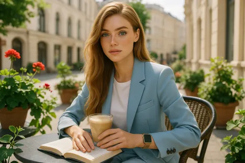 Woman in a blue blazer reading a book on the street with coffee
