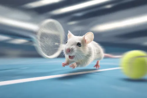 Divertido ratón corriendo por la cancha de tenis hacia la pelota