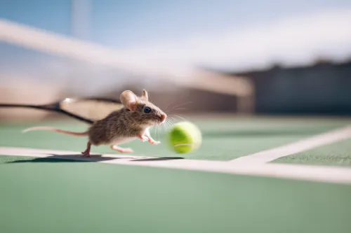 Un pequeño ratón corre hacia una pelota de tenis en la cancha