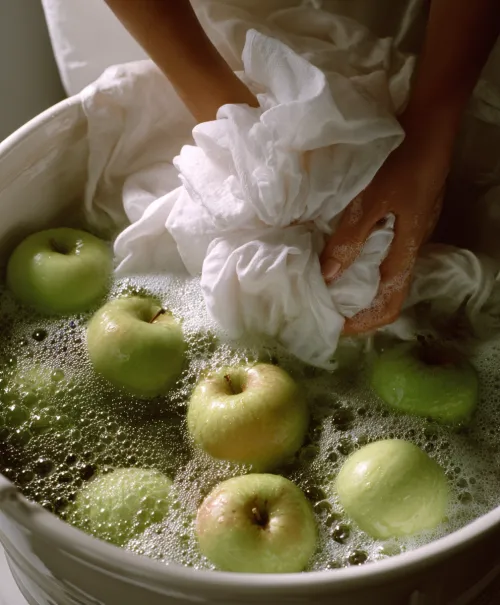A woman's hand washing apples in a basin with soapy water