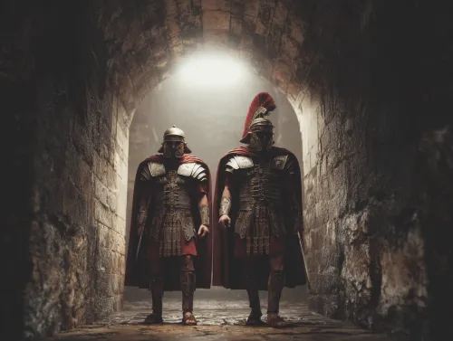 Two ancient Roman warriors in armor with swords in an old corridor