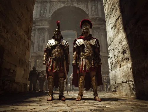 Two Roman legionaries in full armor on the streets of an ancient city
