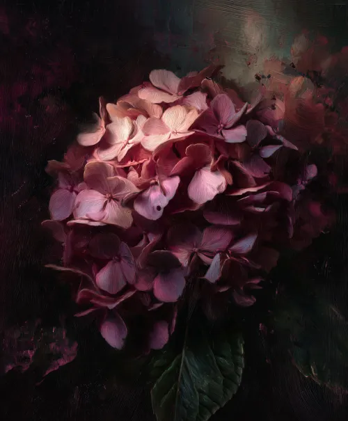 A bouquet of hydrangeas with pink petals and a green leaf