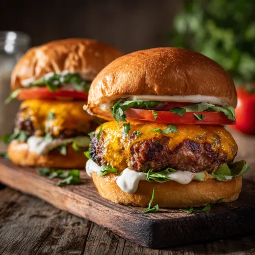 Two appetizing burgers with melted cheese, fresh vegetables, and green leaves