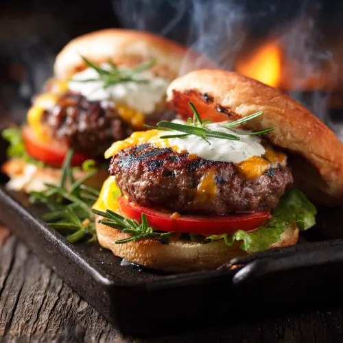 Juicy burgers with beef patties, cheese, and fresh vegetables