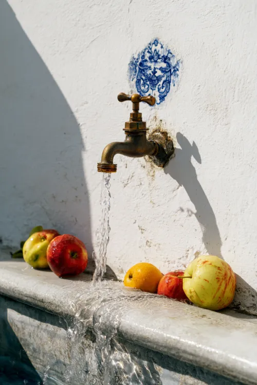 Copper tap, flowing water, and various fruits on the wall