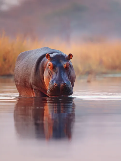 Hippopotamus standing in the water against a morning landscape