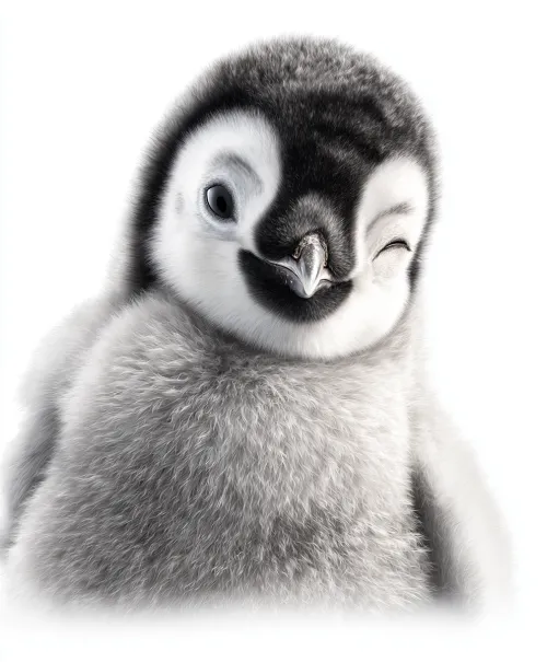 Adorable penguin chick with a pristine white background winking