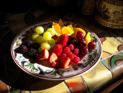 Fruit arrangement of berries and citrus on a beautiful plate