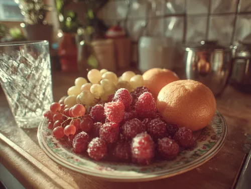 Fruit platter with raspberries, grapes, and oranges on a plate
