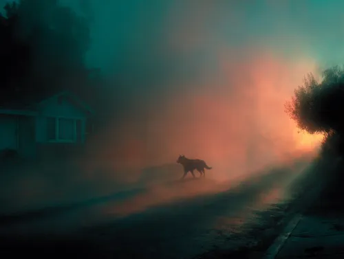 Un perro camina por una calle neblinosa bajo la suave luz del atardecer