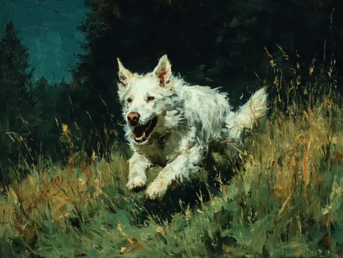 White dog running through green grass in a forest area
