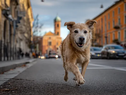 Golden Retriever running down the street among cars and buildings.
