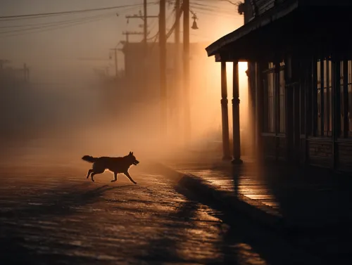 Silueta de un perro corriendo a lo largo de una calle desierta en la niebla