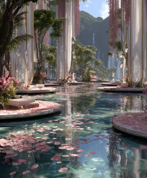 Fairy-tale scene with blooming plants and a tranquil pond