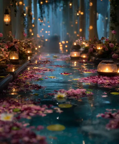 Enchanting landscape with flowers, lanterns, and the calm water of the pond