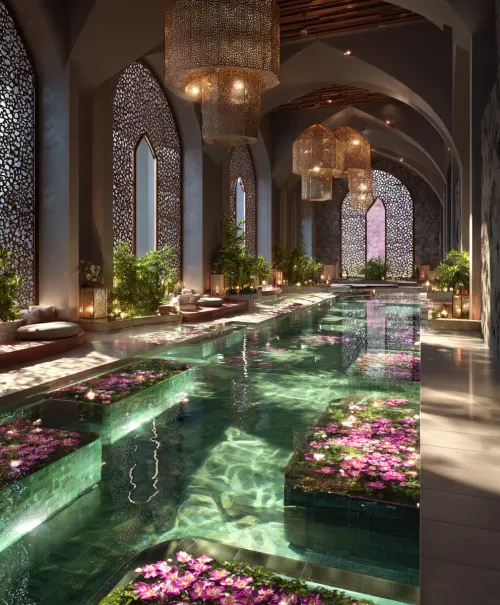 Modern spa complex with clear water and flowers floating on the surface