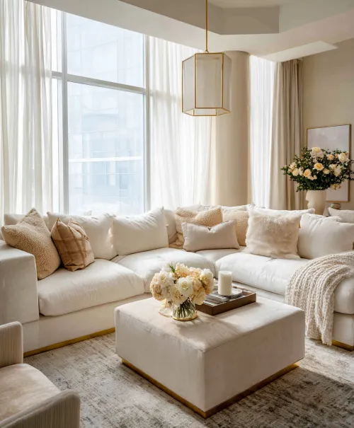 Sala de estar de estilo moderno con sofá blanco y lámpara elegante