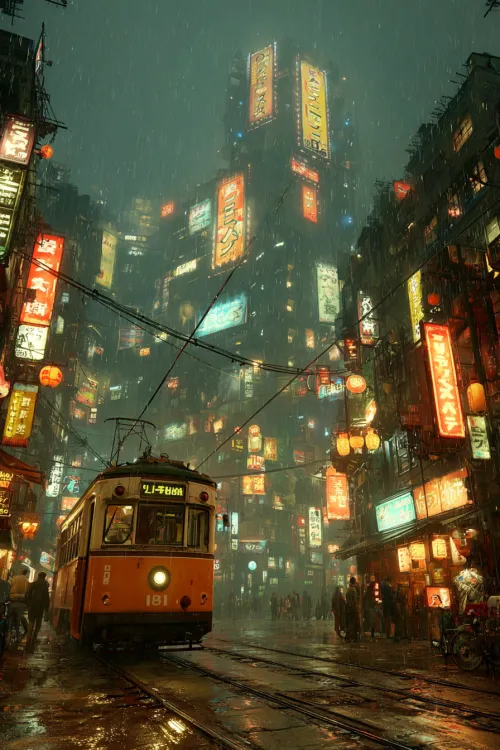 Cityscape with bright neon signs and a tram in the rain