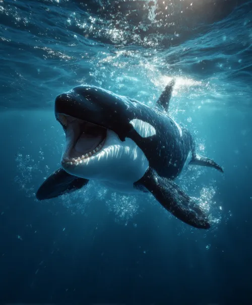 Orca swimming underwater with an open mouth