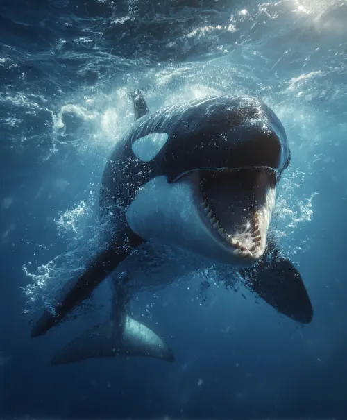 Close-up of an orange whale emerging from the underwater environment with bubbles