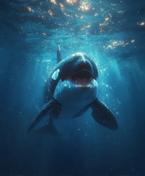 Orca swimming in clear water under sun rays