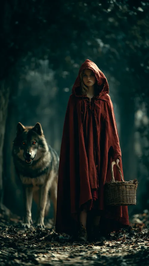 Niña con cesta y lobo están en el bosque entre los árboles