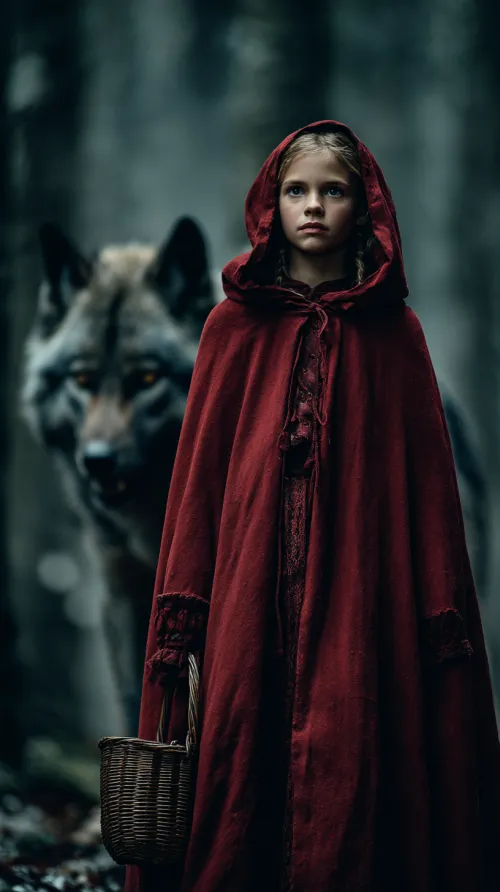 Una niña pequeña con capa roja está de pie en el bosque junto a un lobo