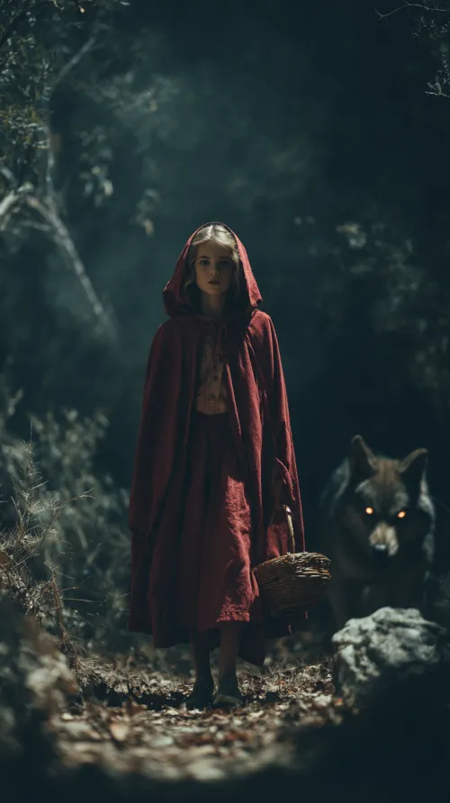 Girl in a red cloak walking through the forest with a wolf nearby