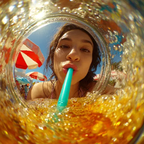 Portrait of a girl drinking a beverage through a straw, looking at the camera
