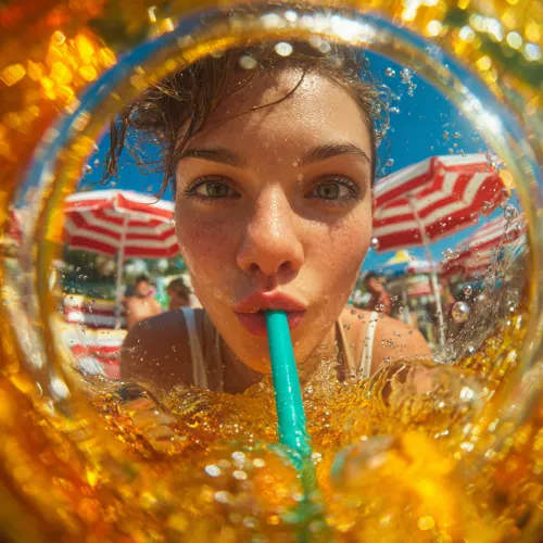 A girl drinking a cocktail through a straw on a sunny day