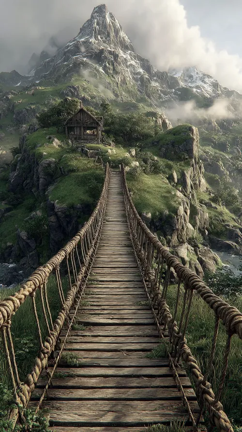Wooden suspension bridge leading to a cabin in the mountains