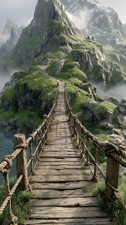Wooden bridge leading to green mountains in the clouds