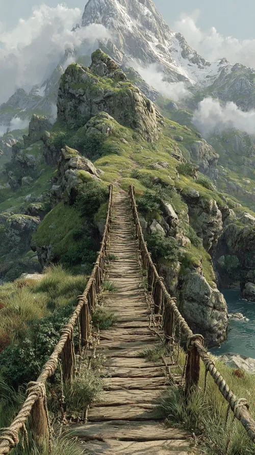 A wooden bridge connecting two sides of a mountain gorge